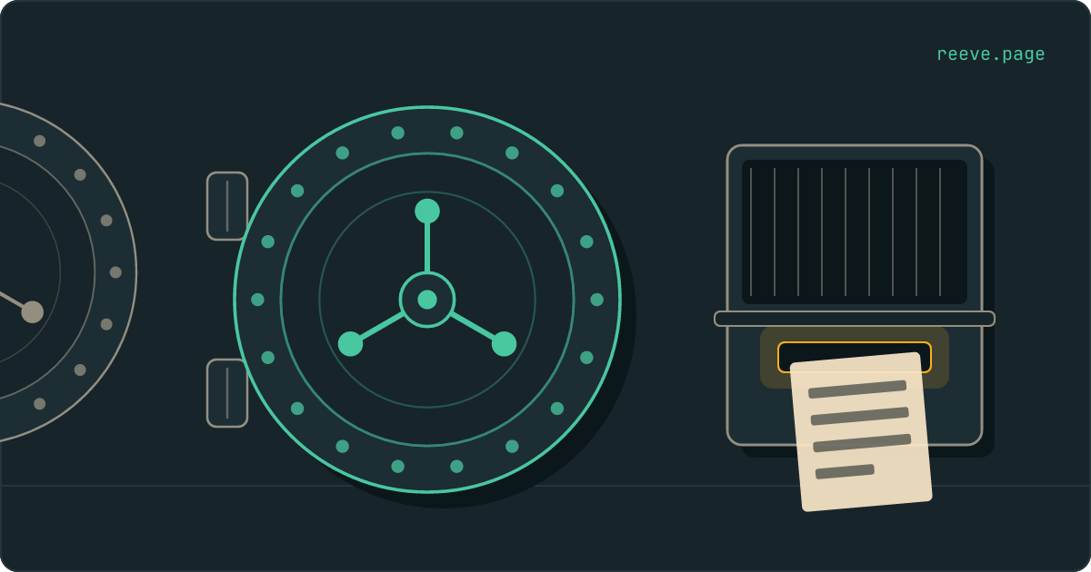 A round vault door, shut and bolted, lit in teal. Beside it a counter hatch stands open, and a sheet of paper is sliding out of it.