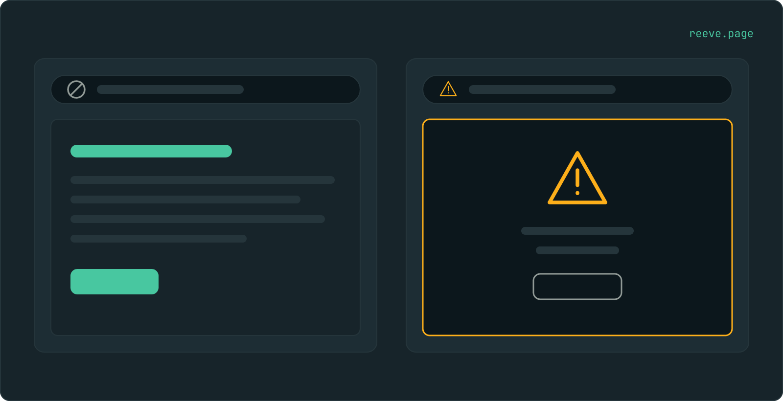 Two browser frames. In the first, the page renders normally and a small crossed circle sits in the address bar. In the second there is no page at all: an opaque panel fills the frame, carrying a warning mark and a single button.