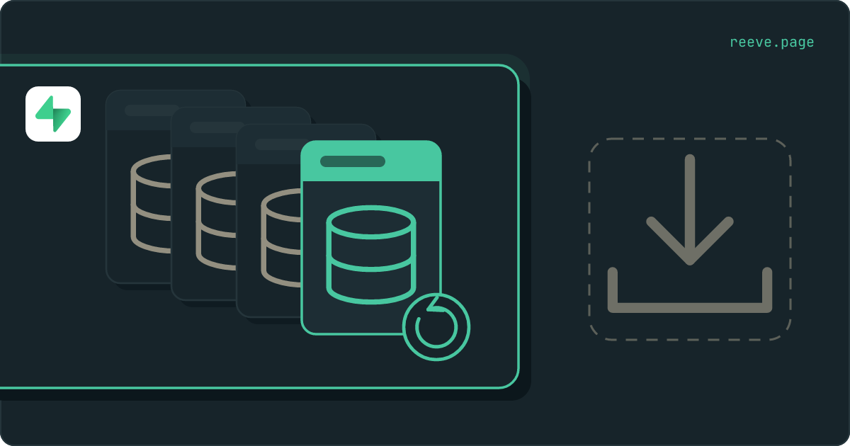 Four daily database snapshots stacked inside a Supabase enclosure, the front one lit and sealed, beside an empty download tray in grey.