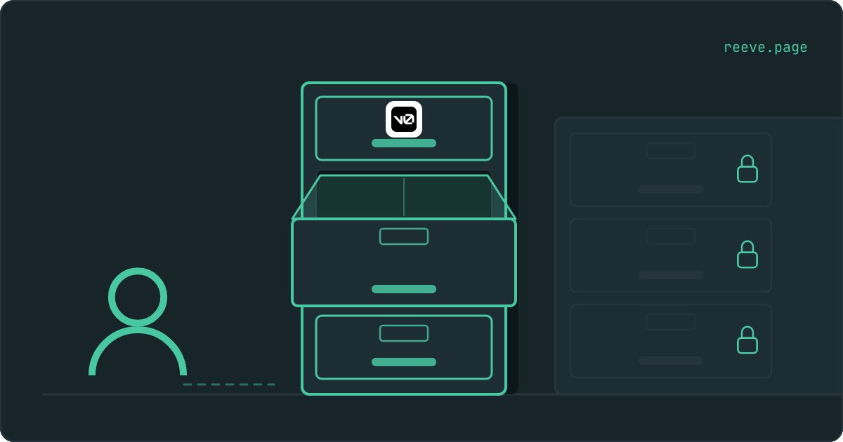 A filing cabinet with the v0 logo and one empty drawer pulled open, beside a cabinet with every drawer locked.