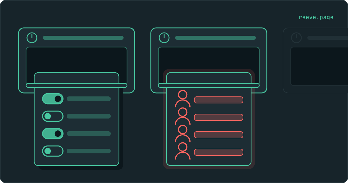 Two identical hatches in a wall, each with a sheet of paper coming out. One sheet carries a row of switches, the other a column of faces.