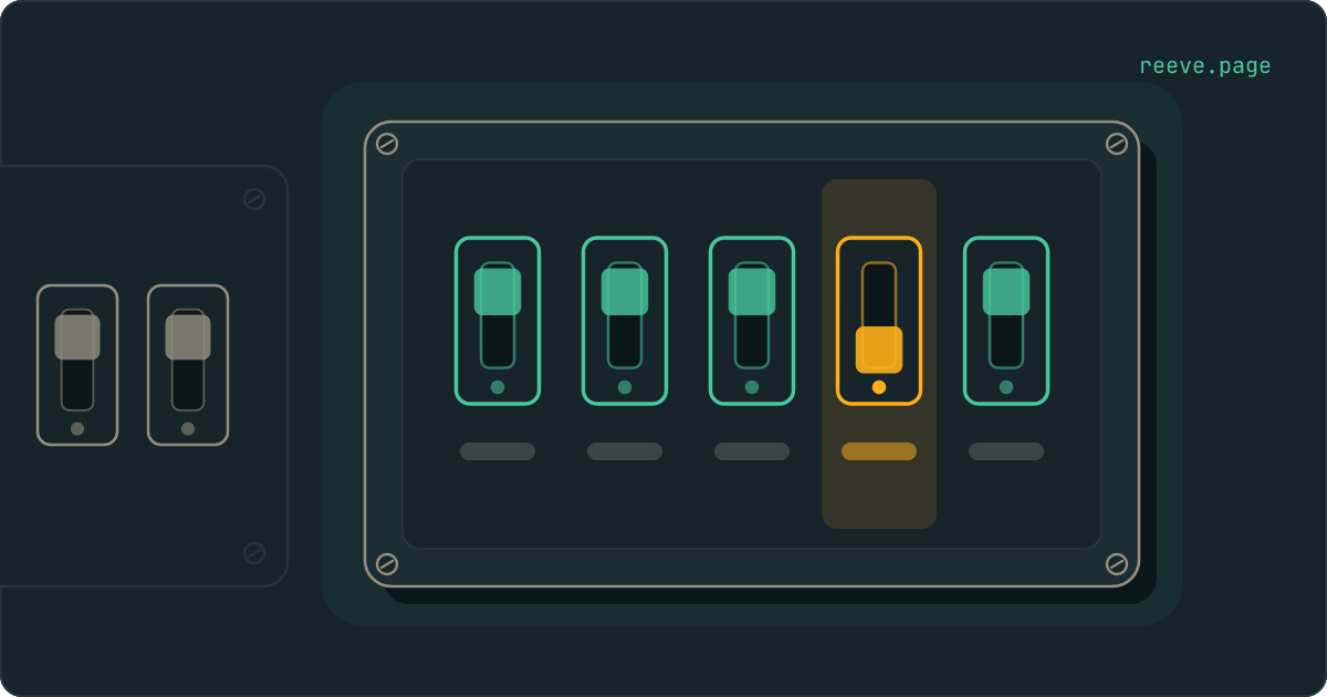 A panel of circuit breakers with every switch up except one, which has tripped and sits in an amber band.