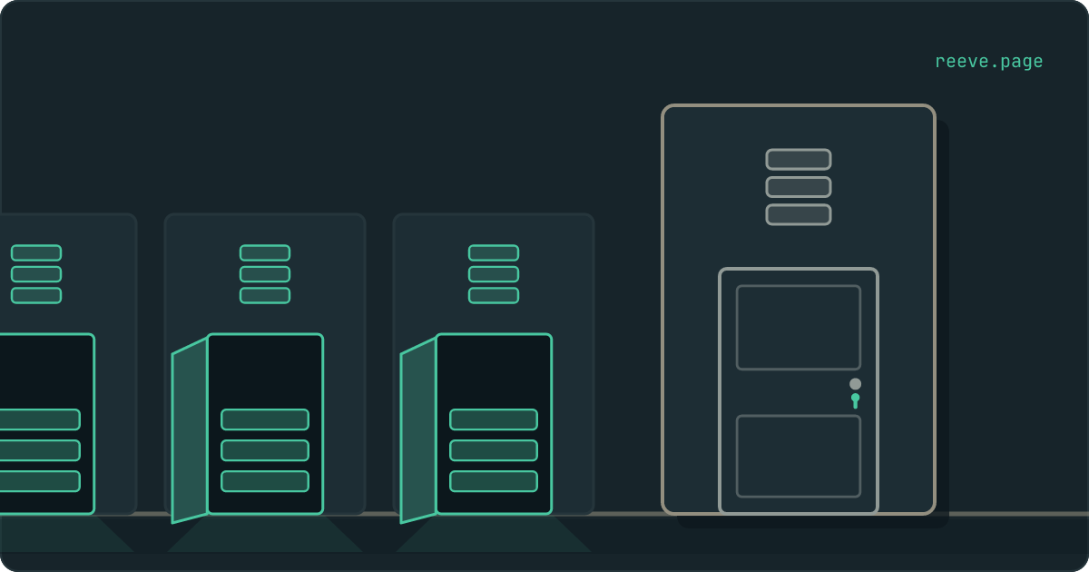 A row of doorways into database tables. The older ones stand open onto lit rows, and the newest, at the end, is shut.