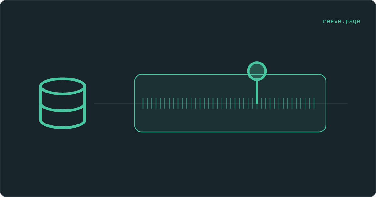 A database beside a line of time, with a marker standing on one point inside the stretch that is recorded.