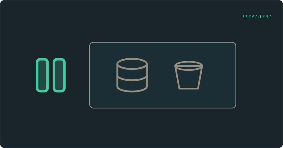 A pause mark beside a closed project box, with the database and the uploaded files still standing inside it.