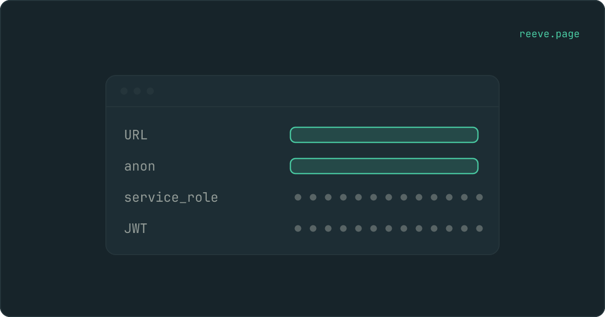 A dashboard settings panel: a URL and an anon key shown in full, a service_role key and a JWT value hidden behind dots.