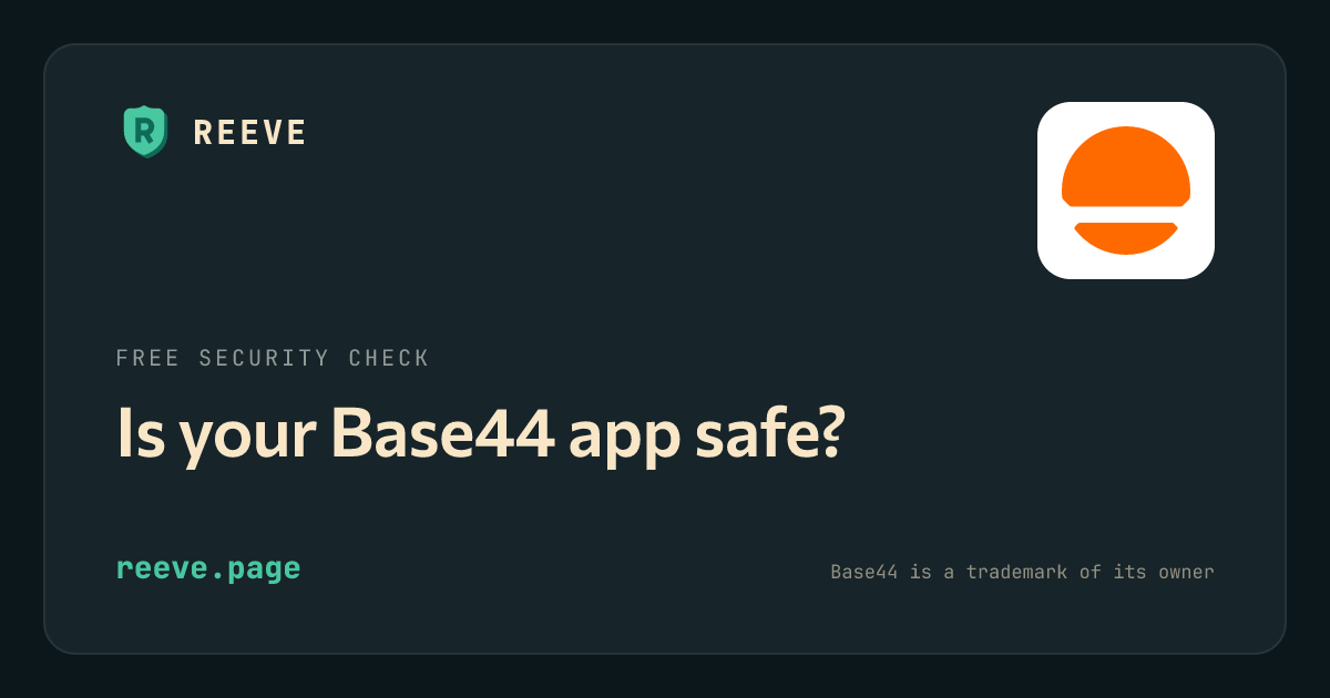 Reeve's security-check card for Base44 apps, with the Base44 logo on a white tile.