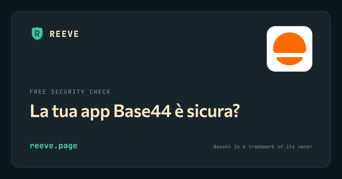 Scheda di controllo sicurezza di Reeve per le app Base44, con il logo Base44 su un riquadro bianco.