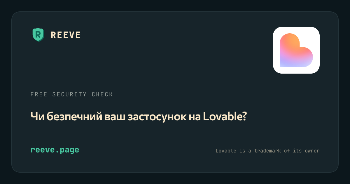 Картка перевірки безпеки Reeve для застосунків на Lovable, з логотипом Lovable на білій плитці.