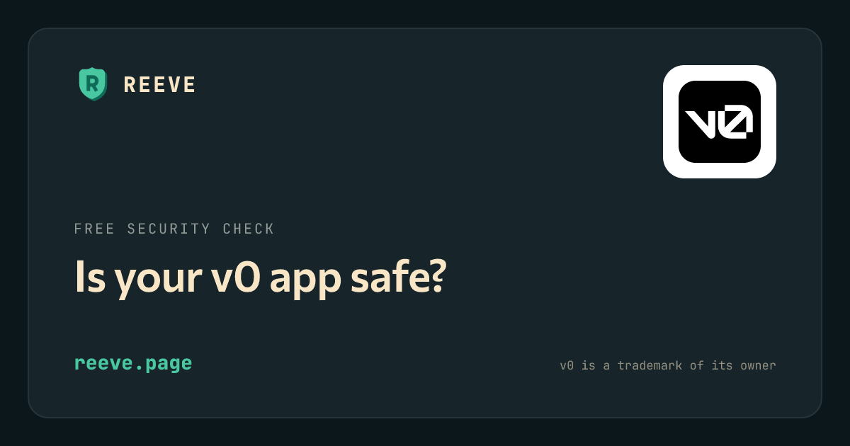 Reeve's security-check card for v0 apps, with the v0 logo on a white tile.