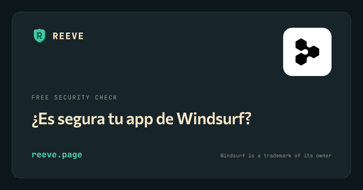 La tarjeta de revisión de seguridad de Reeve para apps de Windsurf, con el logotipo de Windsurf sobre un azulejo blanco.