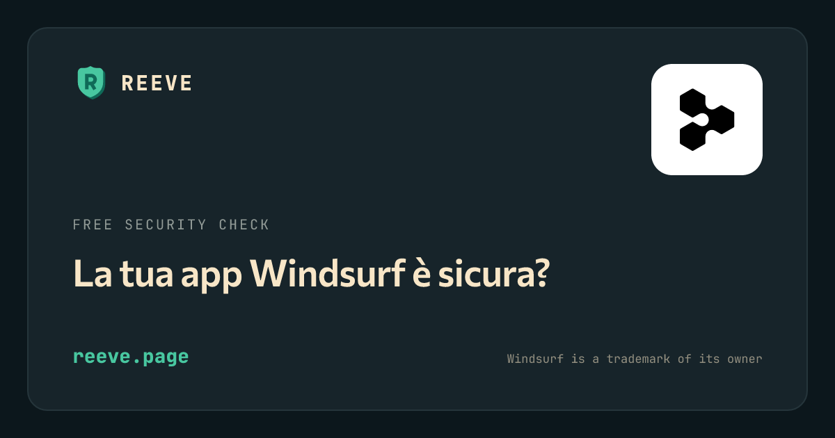 La scheda di controllo sicurezza di Reeve per le app Windsurf, con il logo Windsurf su una piastrella bianca.