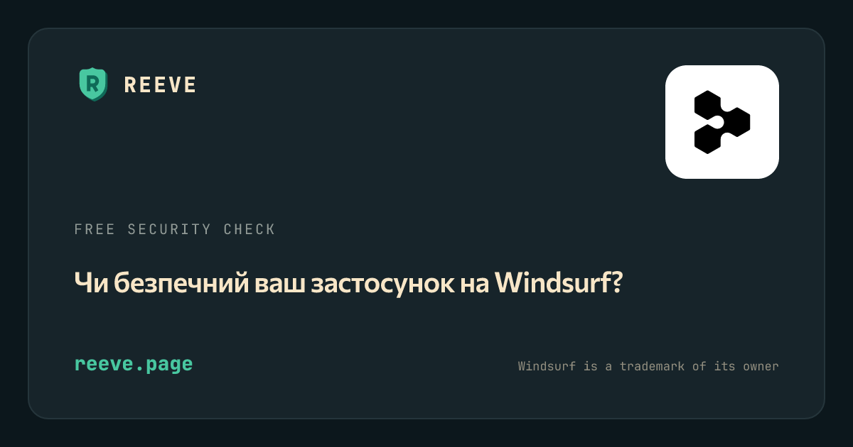 Картка перевірки безпеки Reeve для застосунків на Windsurf, з логотипом Windsurf на білій плитці.